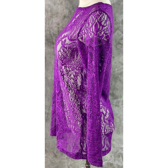 Susan Graver Purple Lace See Through L/S Crew Neck Top sz XXS (15781) - Picture 3 of 5